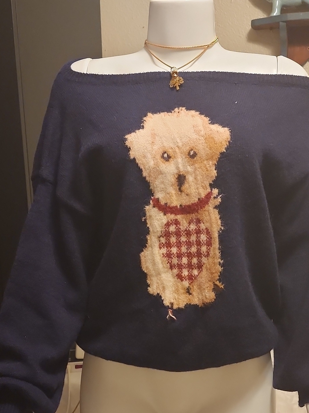 Cider Navy Off-Shoulder Sweater with Puppy Heart Motif